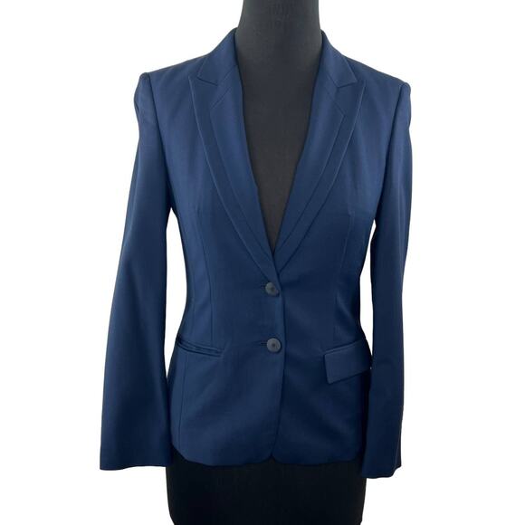 HUGO BOSS Navy Blue Jaellesa Virgin Wool-Blend Blazer 2-Button Single Breasted 2 - Picture 1 of 9